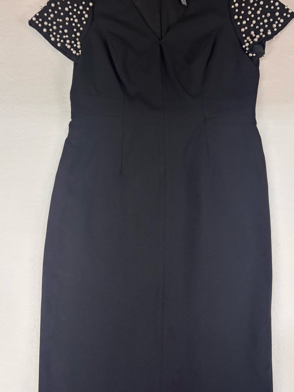 Adrianna Papell Black Midi Dress with Pearl-Studded Short Sleeves